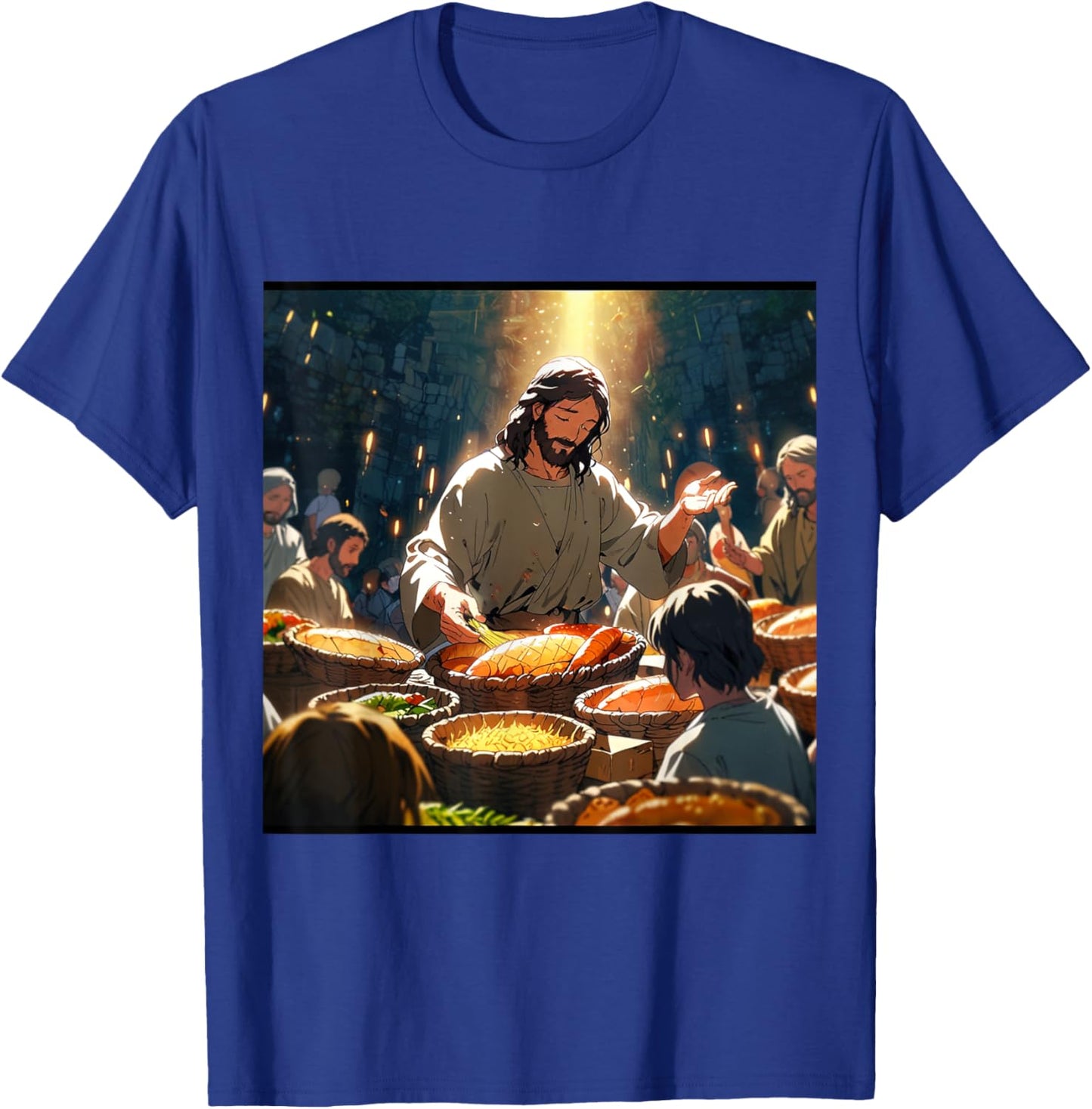 Jesus Anime Miracle Fishes and Loaves Matthew 14 Feed 5000 T-Shirt - T-Shirt | Royal