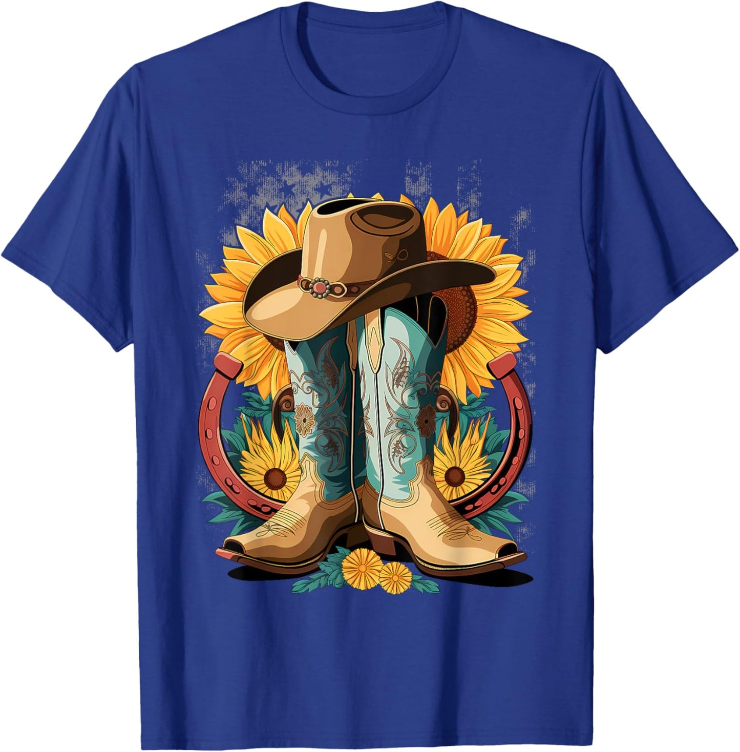Western Cowboy Boot Horseshoe Sunflower Rope Cowgirl Country T-Shirt - T-Shirt | Royal