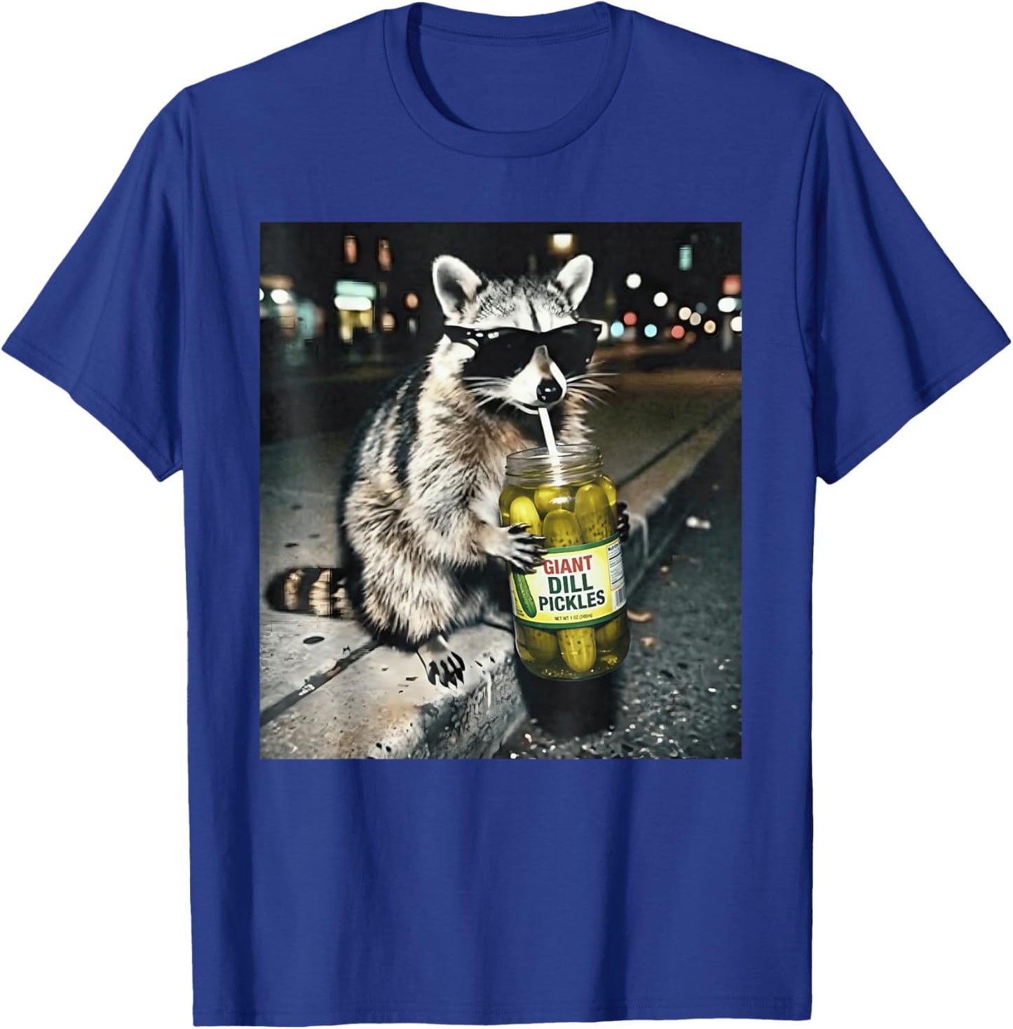 Raccoon Drinking Pickles Funny Urban Animal Sunglasses T-Shirt - T-Shirt | Royal