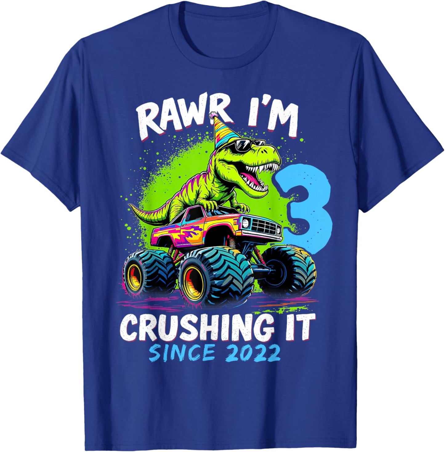 3rd Birthday Monster Truck Dinosaur Party Boys Rawr I'm 3 T-Shirt - T-Shirt | Royal