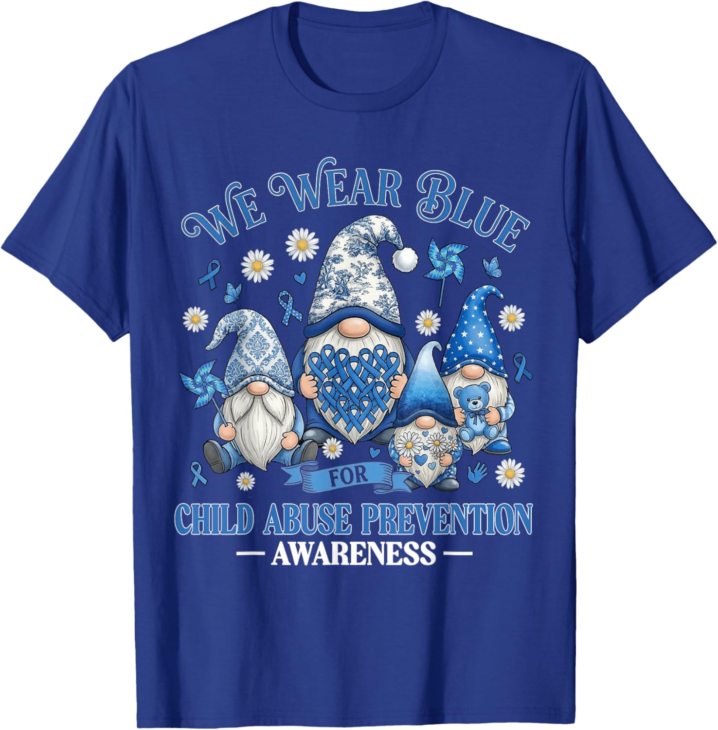 We Wear Blue Ribbon Child Abuse Prevention Awareness Gnomes T-Shirt - T-Shirt | Royal