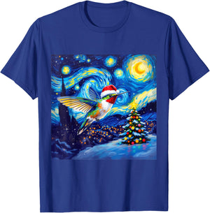 Christmas Hummingbird Santa Hat Van Gogh Starry Night T-Shirt - T-Shirt | Royal