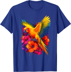 Aquarelle Floral Soleil Conure Hibiscus Fleurs Amoureux des Oiseaux T-Shirt - T-Shirt | Royal
