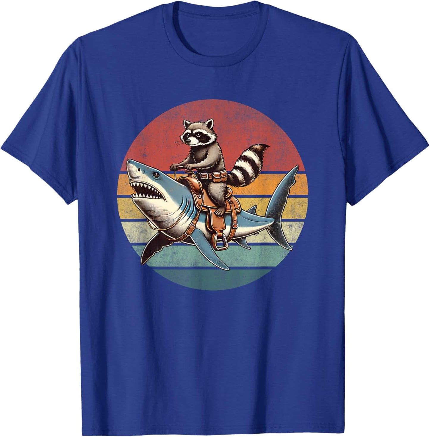Vintage Raccoon Shark Rider Funny Retro Raccoon Riding Shark T-Shirt - T-Shirt | Royal