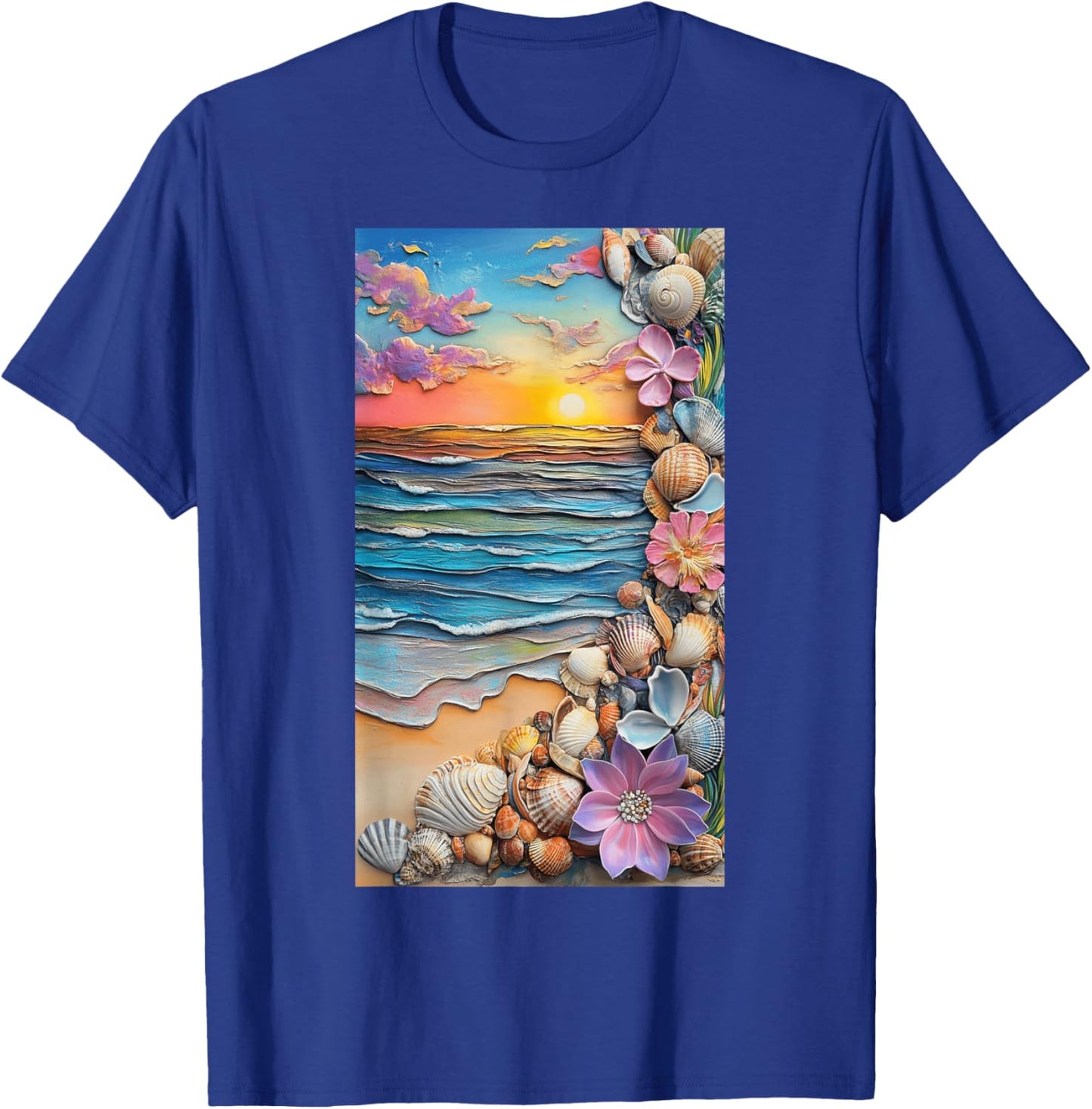 Sunset Beach Scene Seashells Ocean art T-Shirt - T-Shirt | Royal