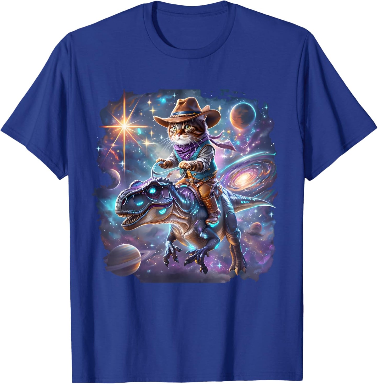 Cat Riding Dinosaur Funny Cat Cowboy Hat Rainbow Galaxy T-Shirt - T-Shirt | Royal