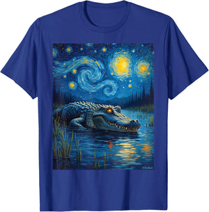 Van Gogh's Starry Night Alligator Crocodile Swamp Art T-Shirt - T-Shirt | Royal