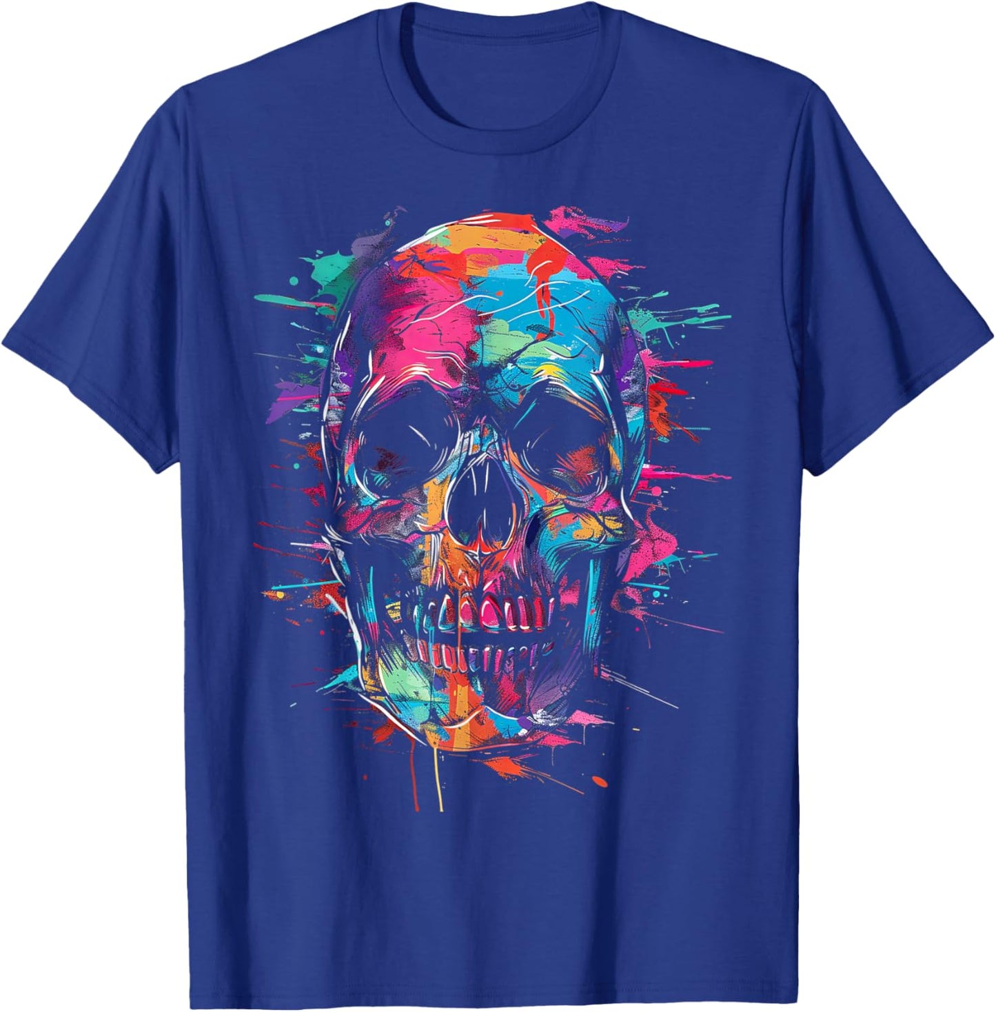 Colorful Skull Abstract Paint Splatter T-Shirt - T-Shirt | Royal