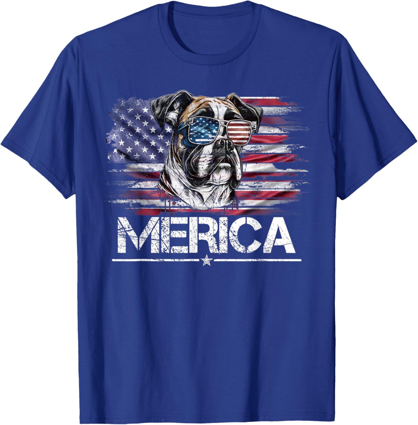Vintage Boxer Dog, Merica Boxer Dog USA Flag Funny Women Kids Men T-Shirt - T-Shirt | Royal