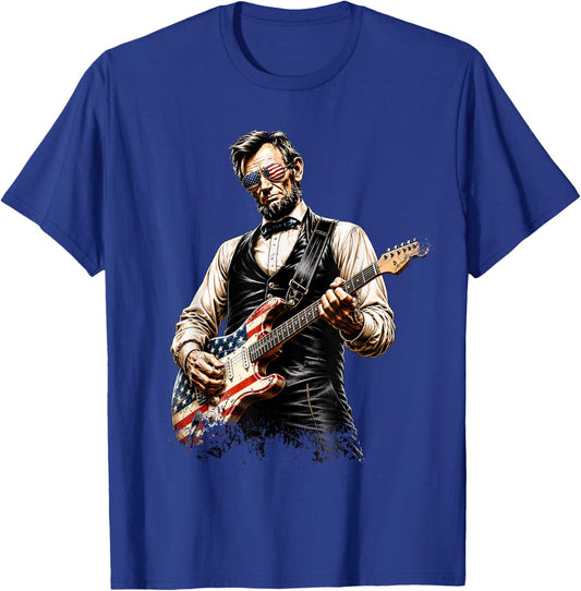 Abraham Lincoln Playing Guitar Rock and Roll American Flag T-Shirt - T-Shirt | Royal