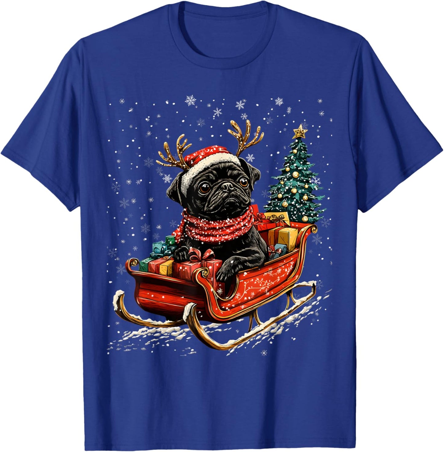 Santa Black Pug reindeer Light Christmas T-Shirt - T-Shirt | Royal