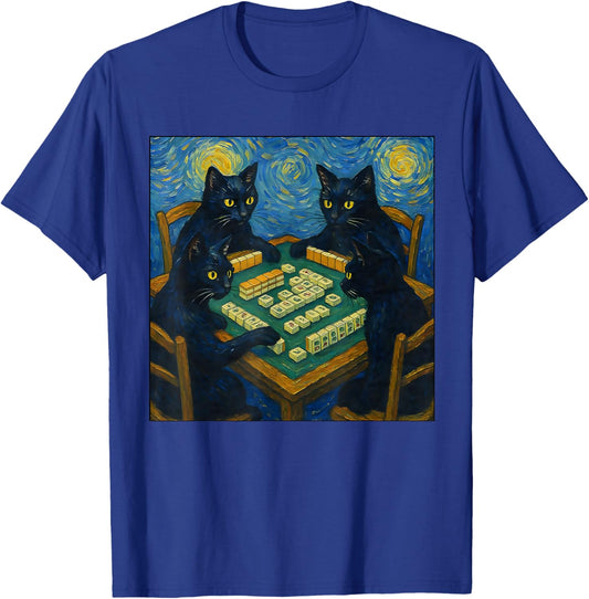 Mahjong cat Lover Van Gogh Starry Night T-Shirt - T-Shirt | Royal