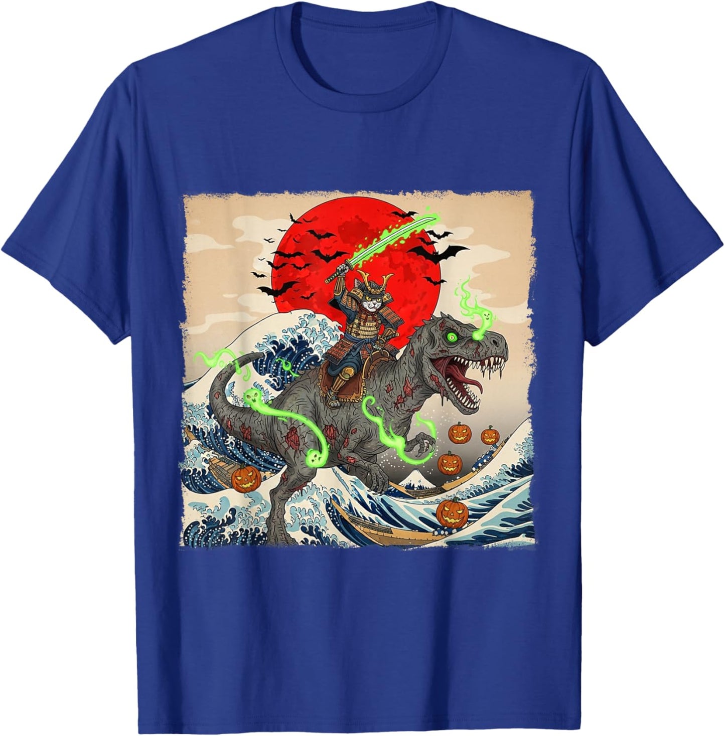 Samurai Cat vs Zombie Dinosaur Spooky Ukiyo-e Halloween T-Shirt - T-Shirt | Royal