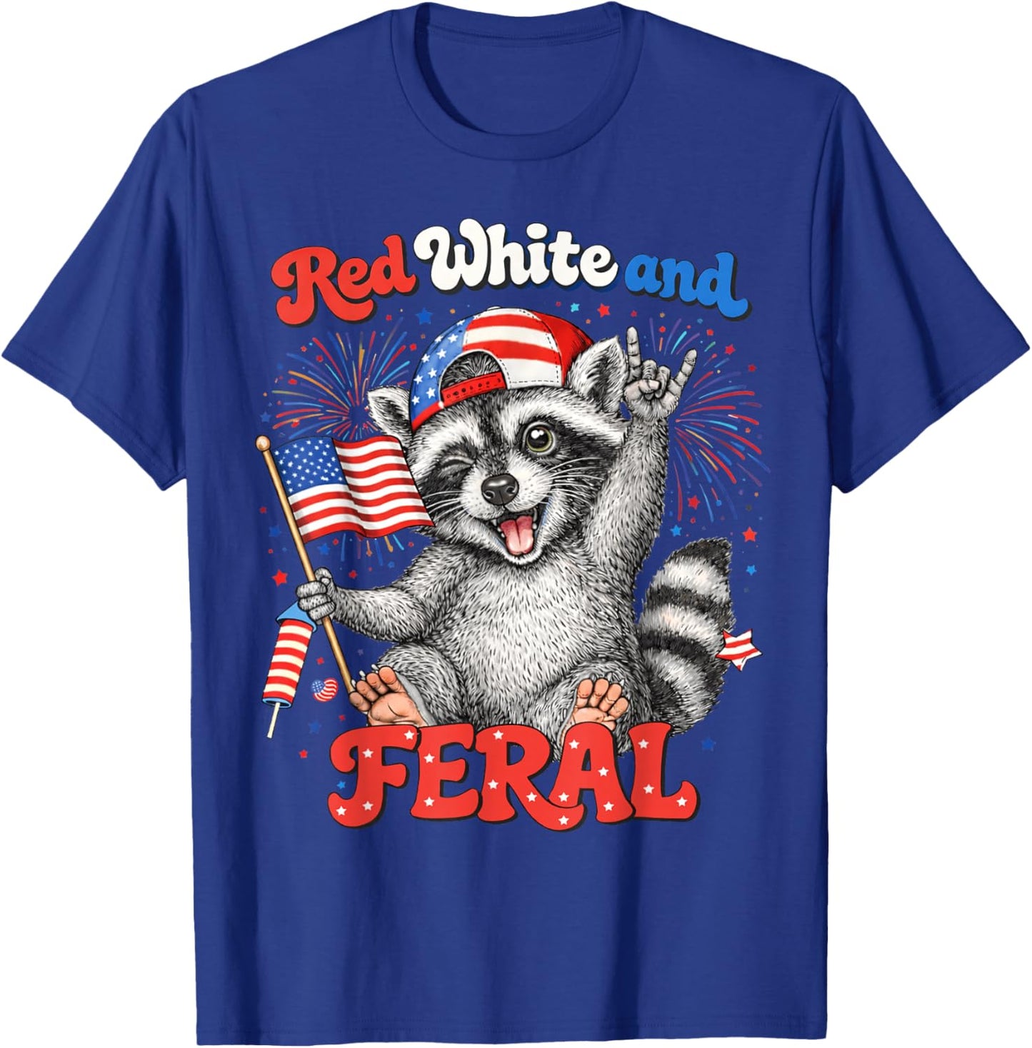 Red White Feral Raccoon Patriotic Men Women 4th of July T-Shirt - T-Shirt | Royal