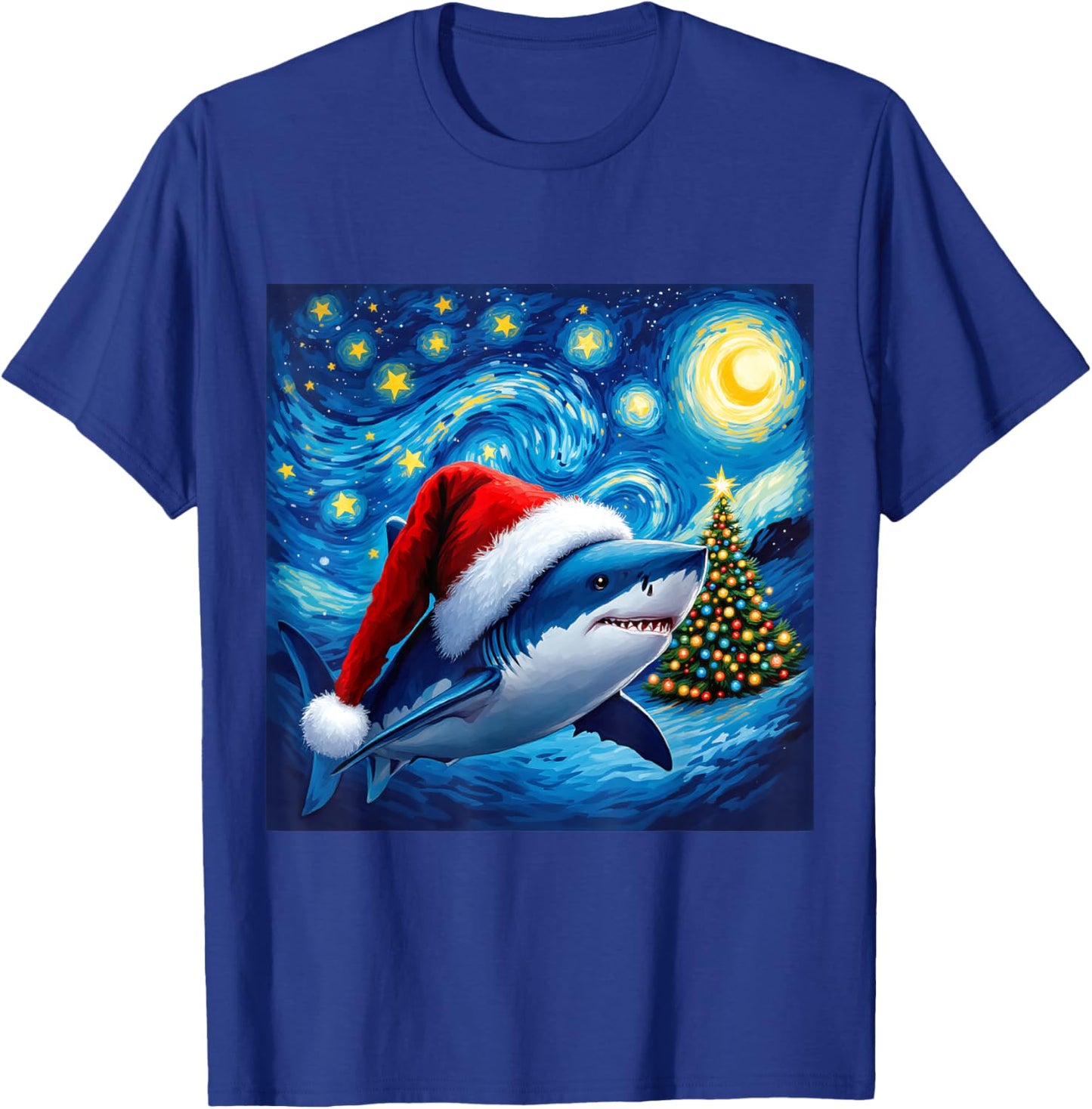 Christmas Shark Santa Hat Van Gogh Starry Night Holiday T-Shirt - T-Shirt | Royal