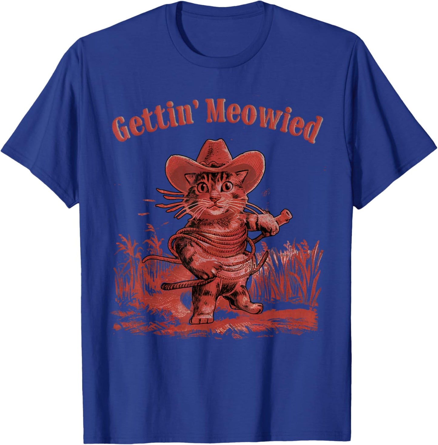 Gettin' Meowied Cat Cowboys Western Love Meowdy Fun Graphic T-Shirt - T-Shirt | Royal
