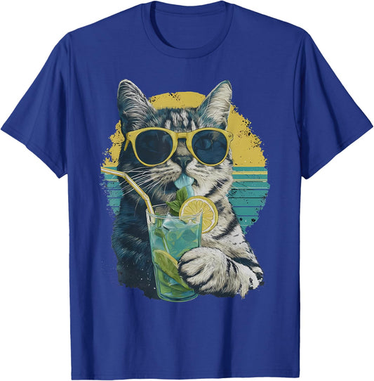 Summer Vibes Cat Drinking Cocktail Lemonade Animal Meme T-Shirt - T-Shirt | Royal