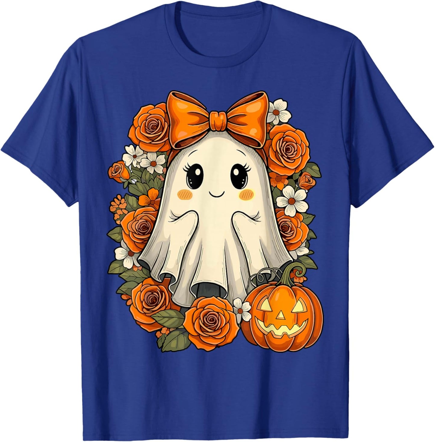 Kawaii Ghost Pumpkin Floral Halloween T-Shirt - T-Shirt | Royal