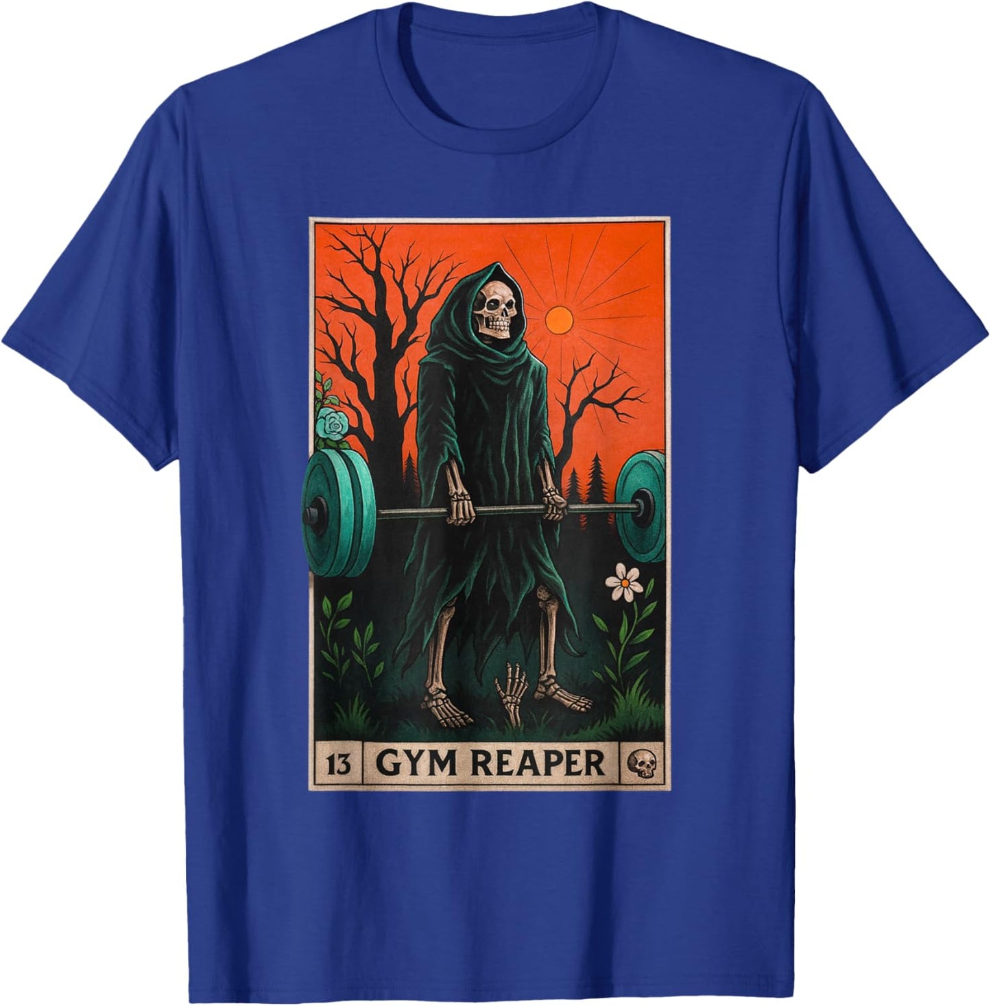 Gym Reaper Deadlifts Weightlifting Workout Occult Tarot Card T-Shirt - T-Shirt | Royal