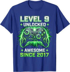 Level 9 Unlocked Awesome Since 2017 9th Birthday Boy Gamer T-Shirt - T-Shirt | Royal