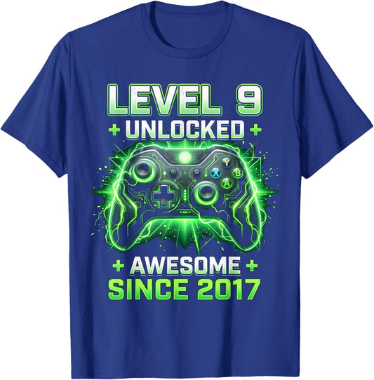 Level 9 Unlocked Awesome Since 2017 9th Birthday Boy Gamer T-Shirt - T-Shirt | Royal