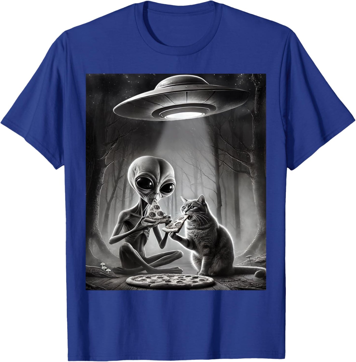 Funny Alien Cat Eating Pizza With UFO Spaceship Cryptid Meme T-Shirt - T-Shirt | Royal