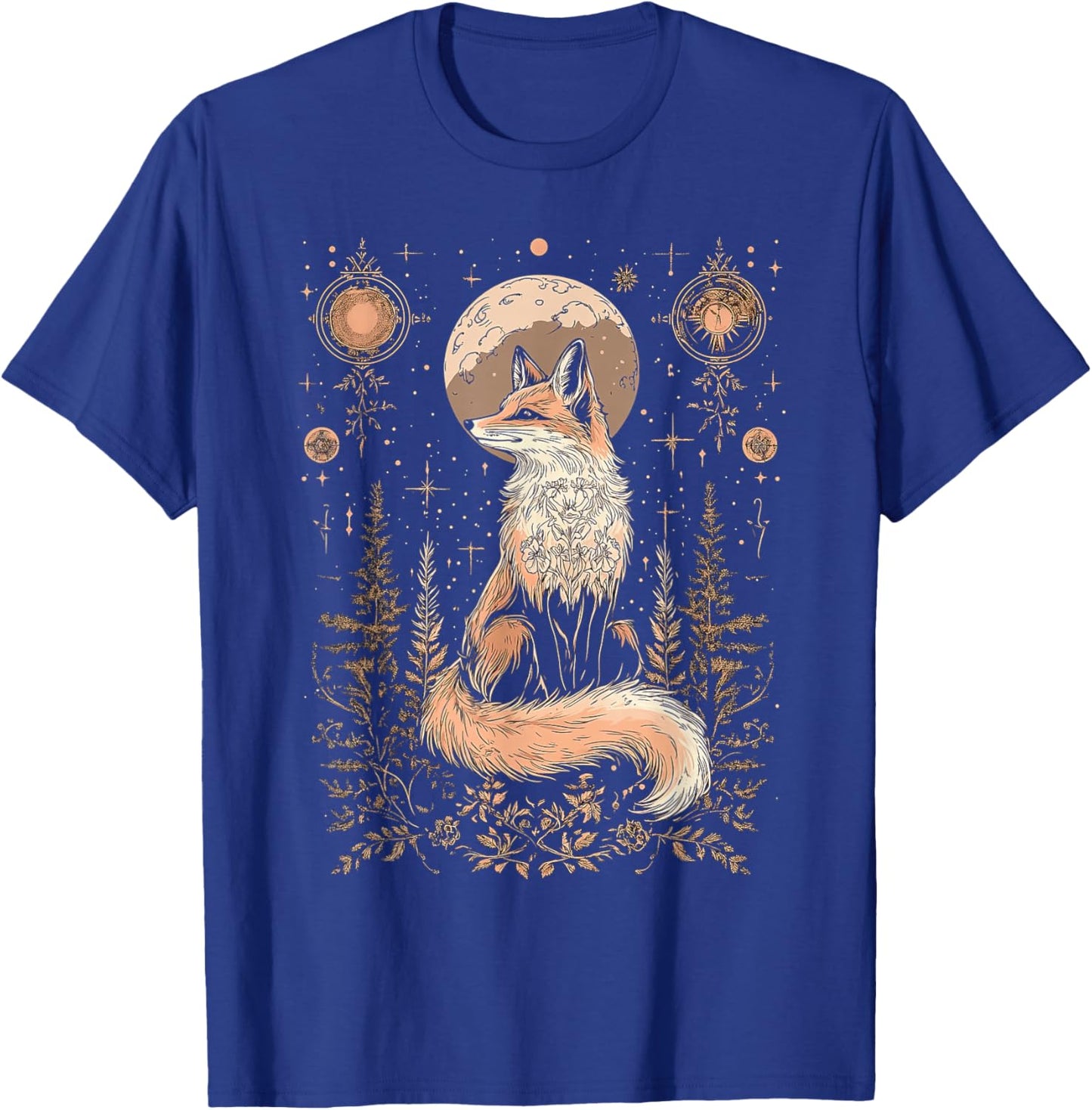 Mystic Moon and Moonphase Fox Mystical Flowers Aesthetic T-Shirt - T-Shirt | Royal