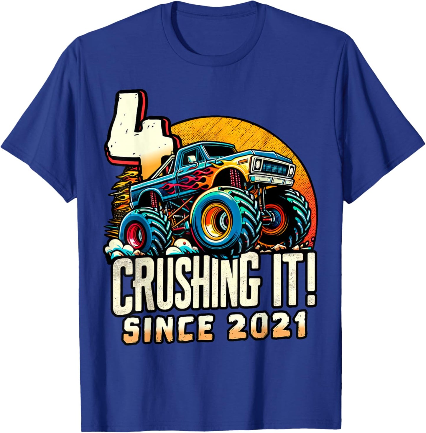 Birthday Monster Truck 4 year Old Boys 4th Party Born 2021 T-Shirt - T-Shirt | Royal