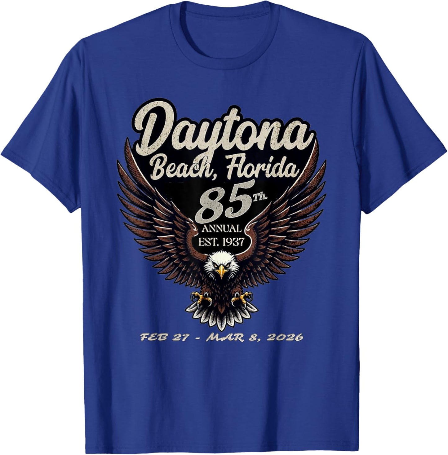 2026 Daytona Beach, Florida, 85th Anniversary Art On Front T-Shirt - T-Shirt | Royal