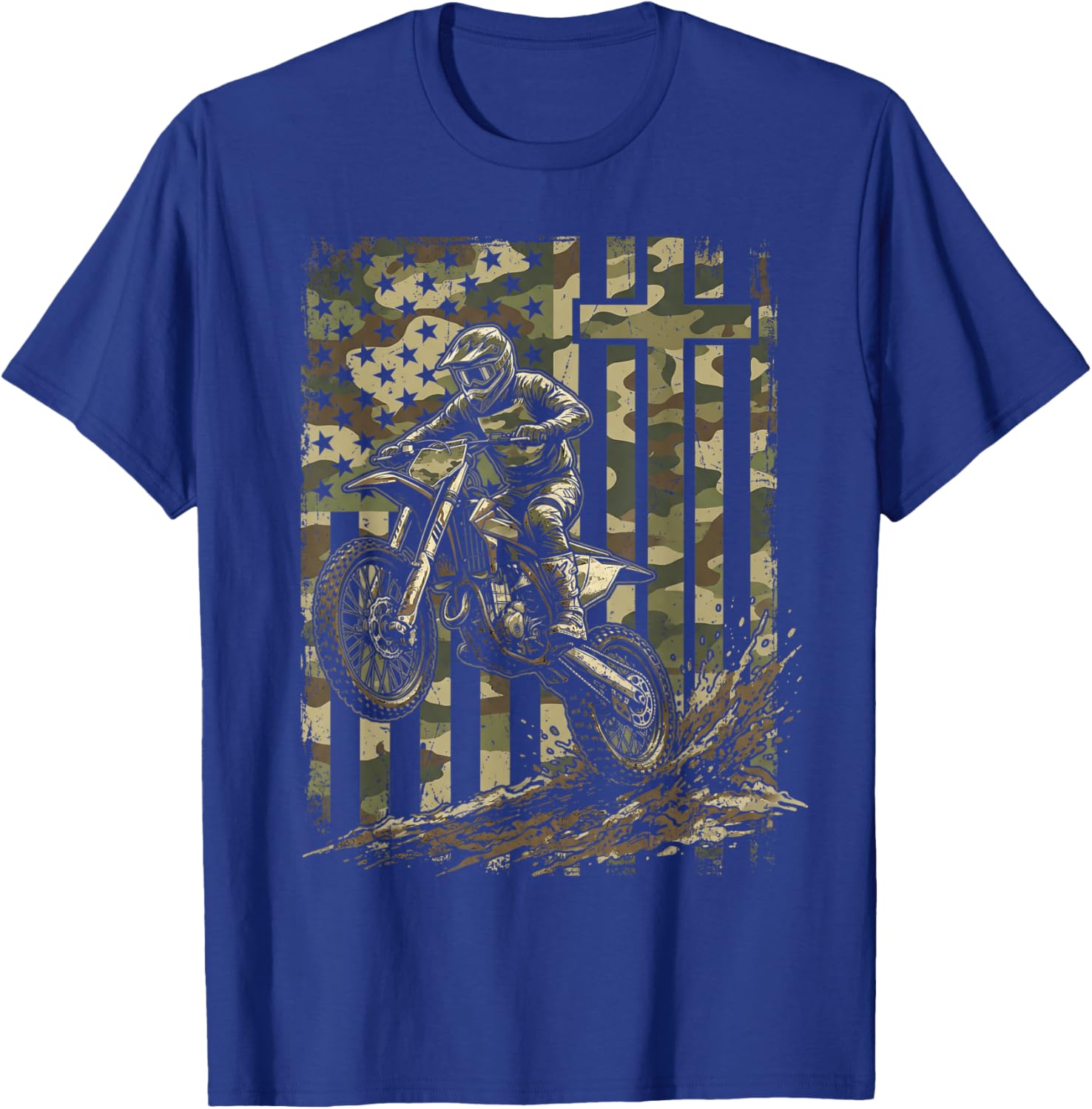 Patriotic Dirt Bike Camo American Flag Christian Motocross T-Shirt - T-Shirt | Royal