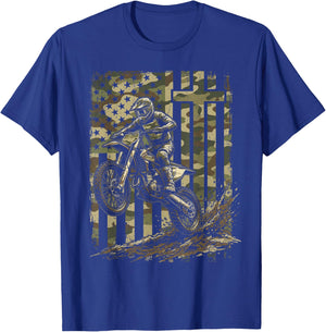 Patriotic Dirt Bike Camo American Flag Christian Motocross T-Shirt - T-Shirt | Royal