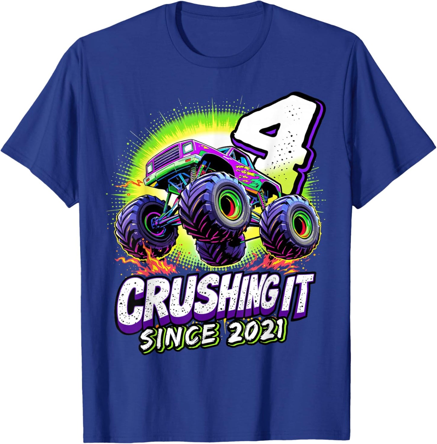 Birthday Monster Truck 4 Year Old Boys 4th Party Born 2021 T-Shirt - T-Shirt | Royal