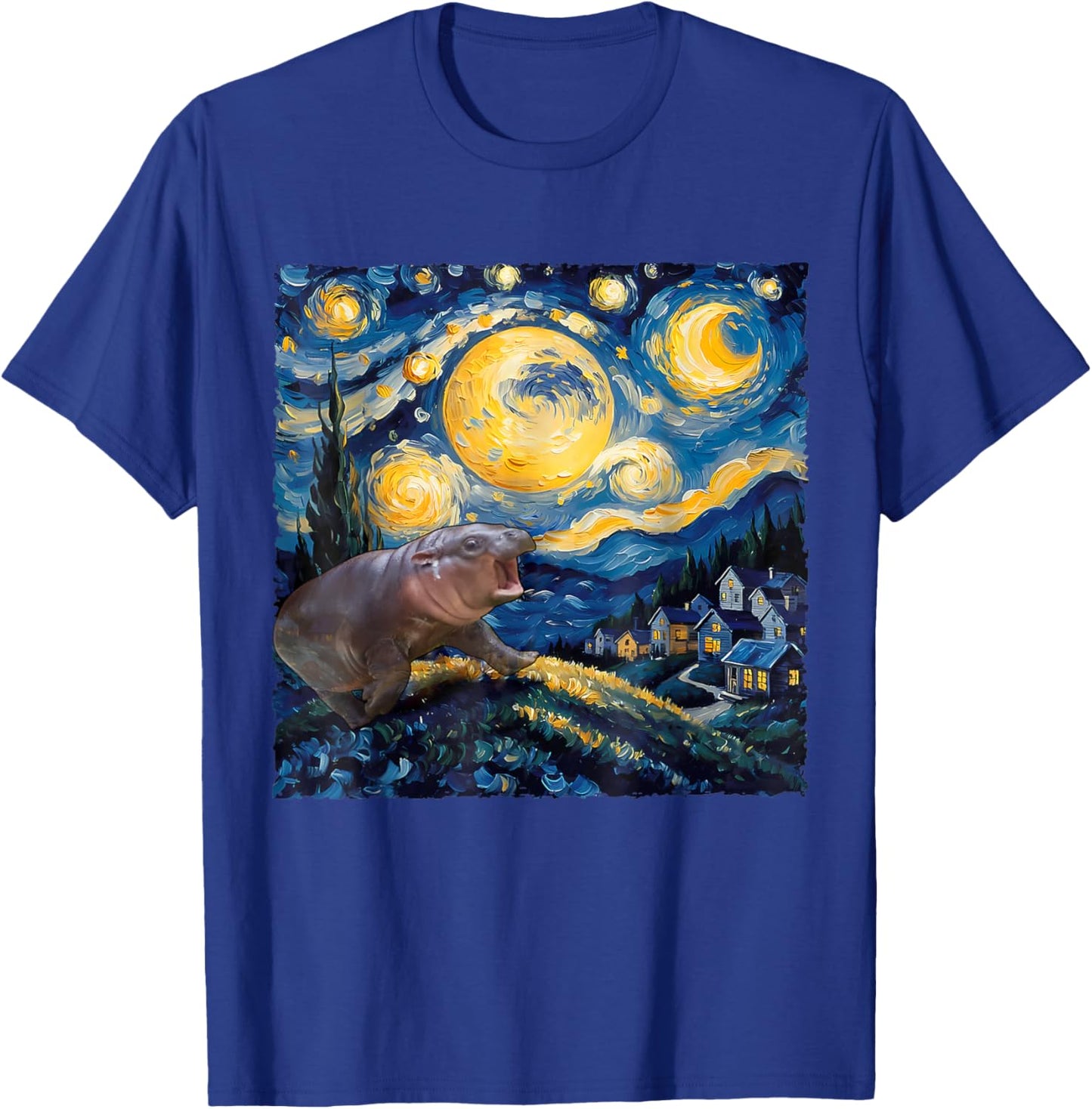 Moo-Deng Starry Night Van Gogh Funny Moo-Deng Meme T-Shirt - T-Shirt | Royal