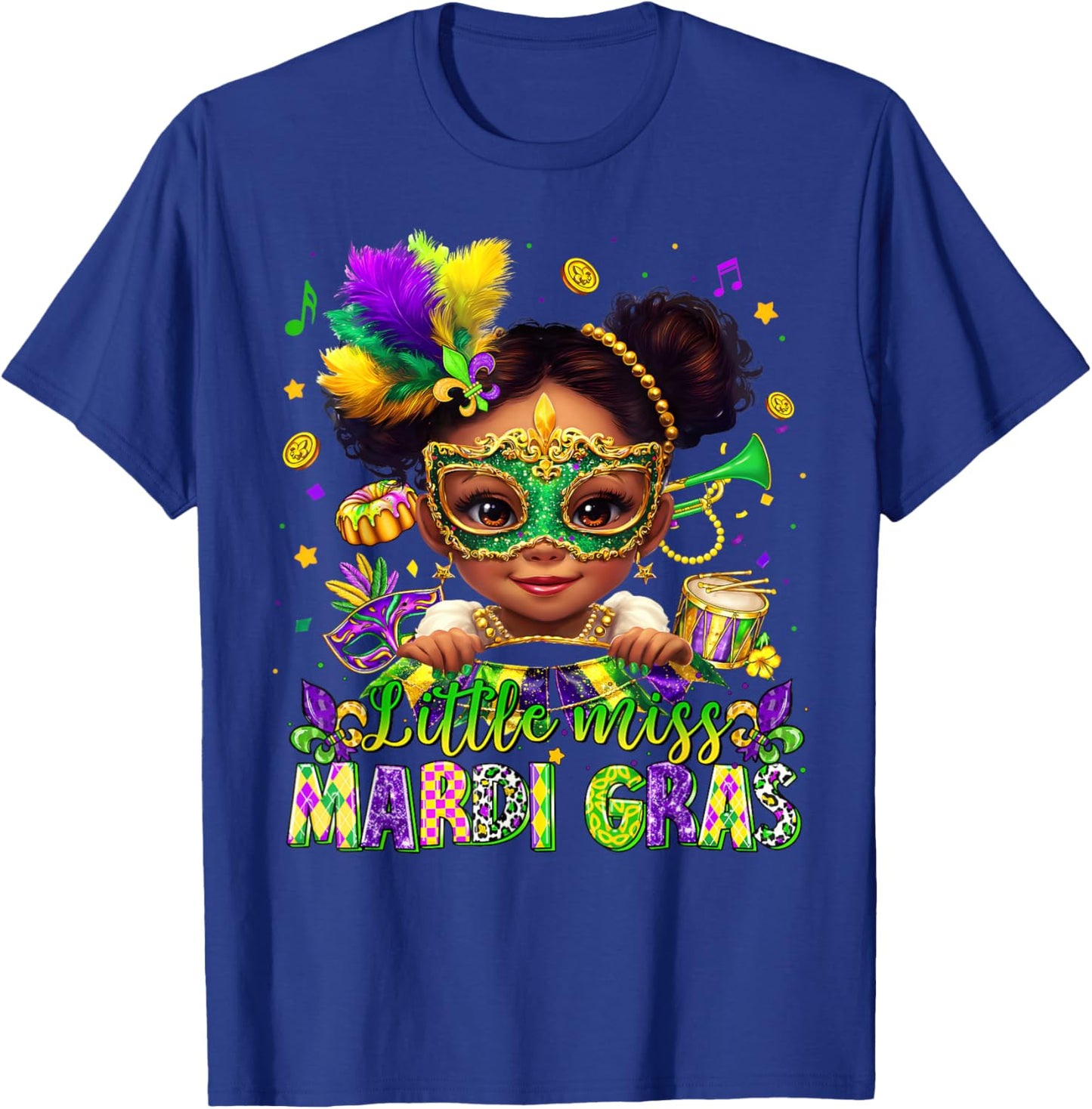Little Miss Mardi Gras Afro Messy Bun Girl Women Kid T-Shirt - T-Shirt | Royal