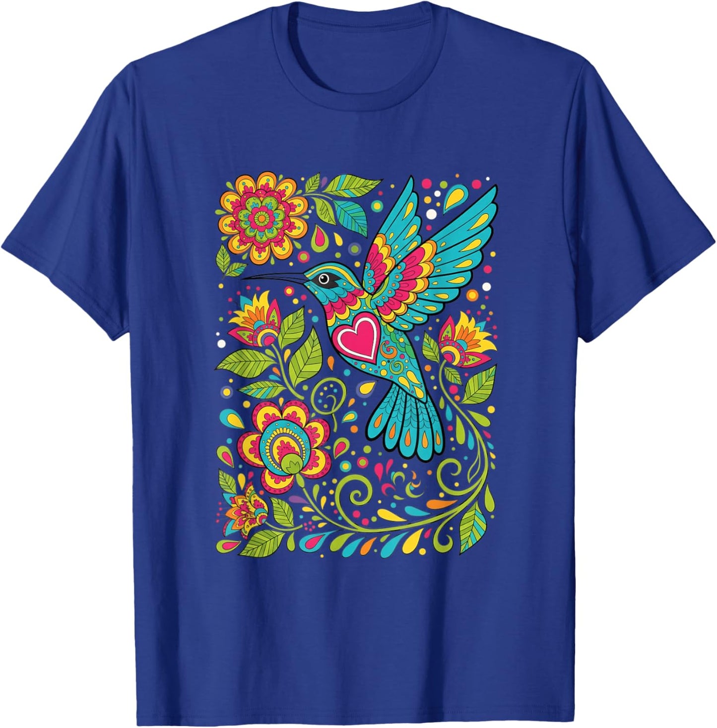 Bird Hummingbird Floral Folk-Art Colorful T-Shirt - T-Shirt | Royal