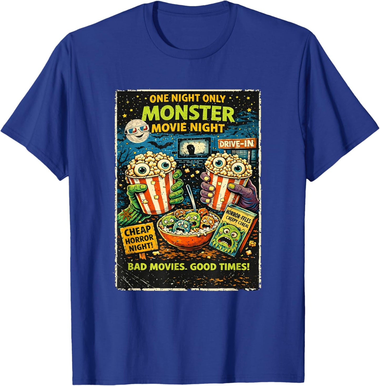 Design Film Horreur Rétro avec Popcorn Monstres Drive-in T-Shirt - T-Shirt | Royal