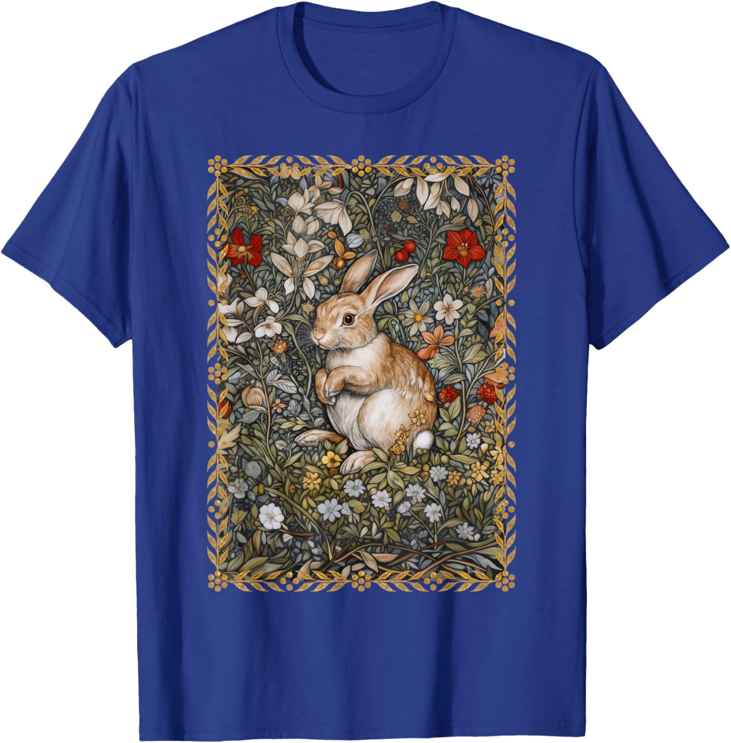 Rabbit in a William Morris Style Flower Garden T-Shirt - T-Shirt | Royal