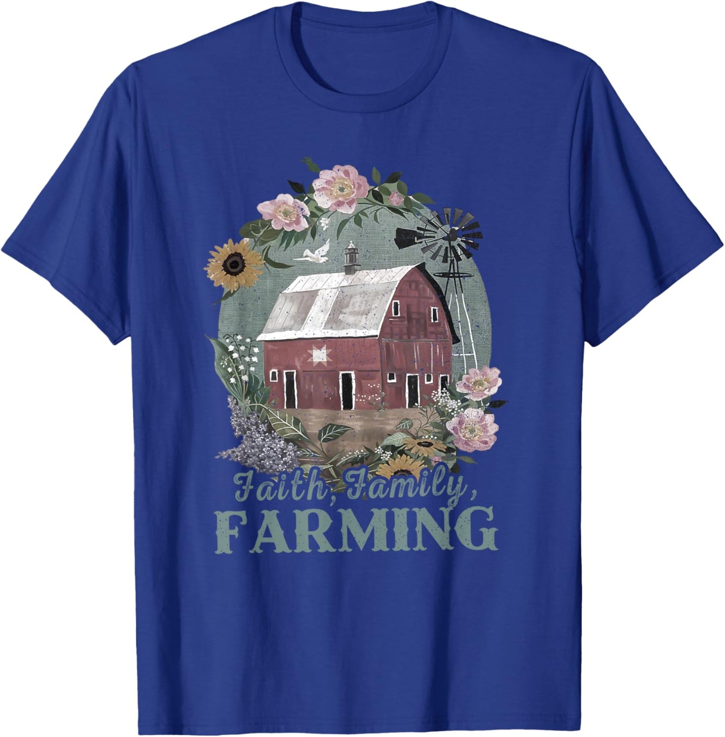 Vintage Faith Family Farming, Boho Floral Vintage Farmer T-Shirt - T-Shirt | Royal
