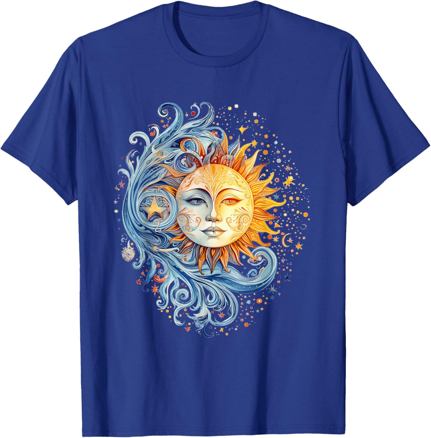 Mystical Sun and Moon with Woman Mystical Flowers Aesthetic T-Shirt - T-Shirt | Royal