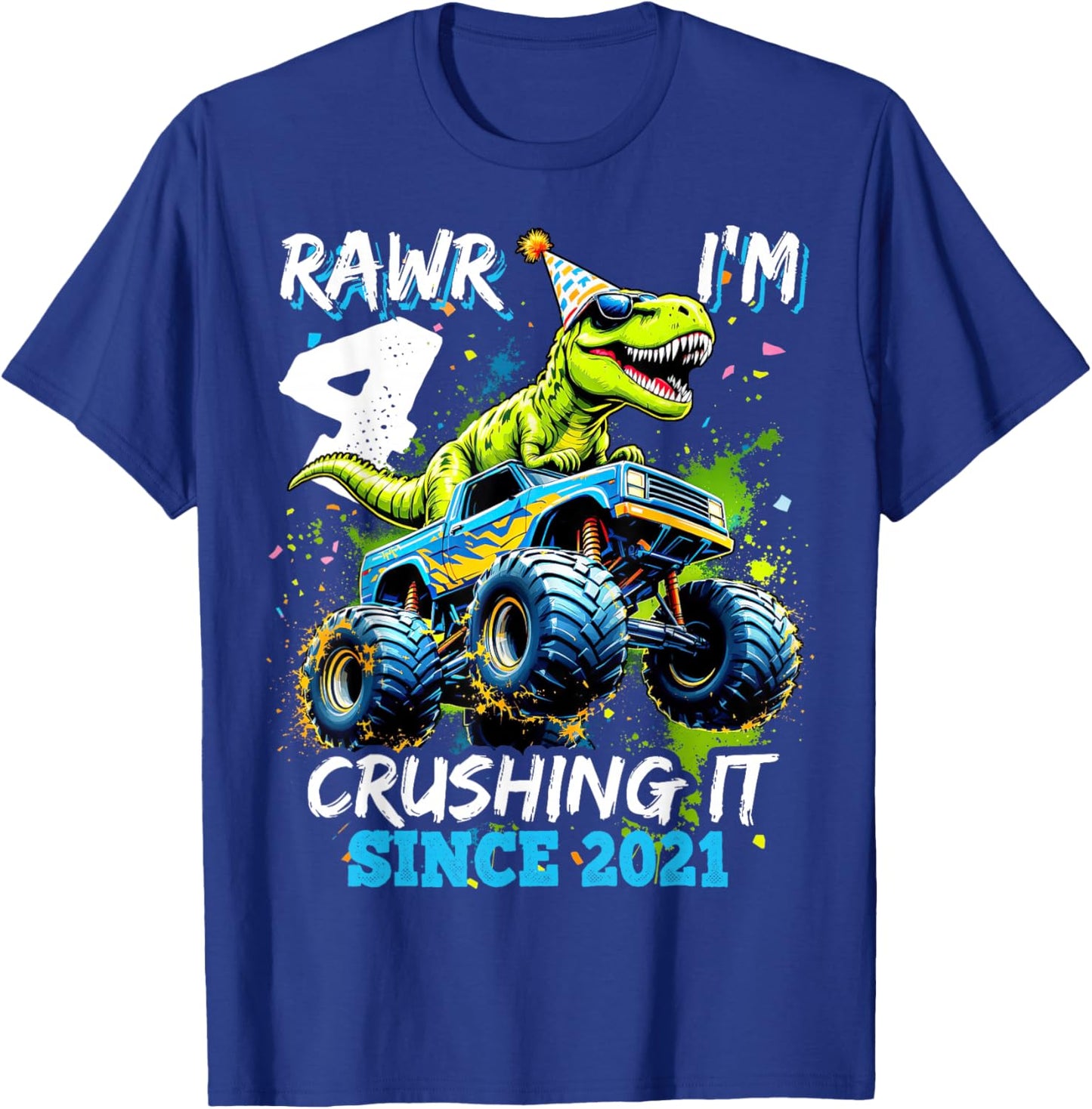 4th Birthday Monster Truck Dinosaur Party Boys Rawr I'm 4 T-Shirt - T-Shirt | Royal