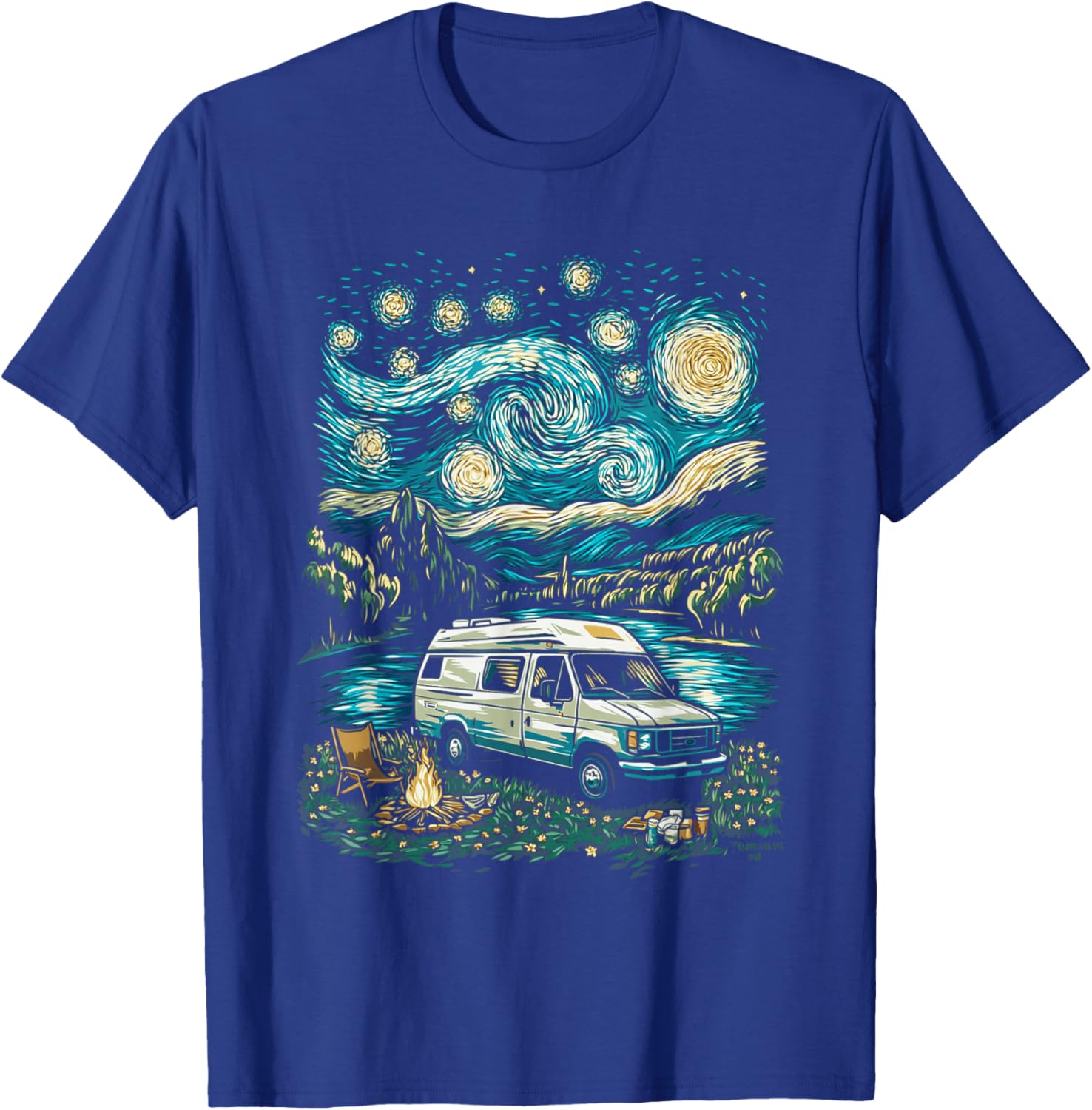 Camper Van Adventure Under Starry Sky Near Flowing River T-Shirt - T-Shirt | Royal