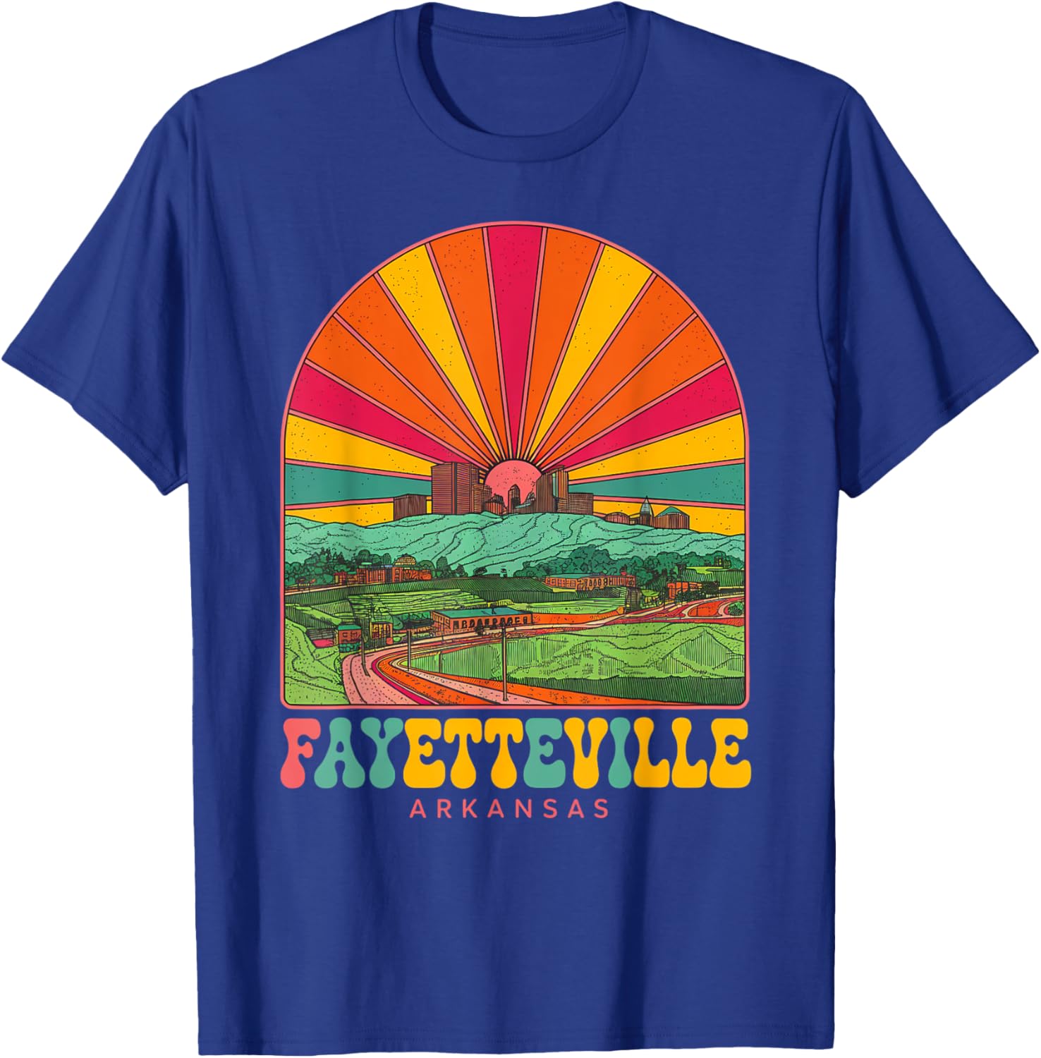 Vintage Fayetteville Arkansas Sunset Skyline Cityscape Retro T-Shirt - T-Shirt | Royal
