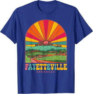 Vintage Fayetteville Arkansas Sunset Skyline Cityscape Retro T-Shirt - T-Shirt | Royal