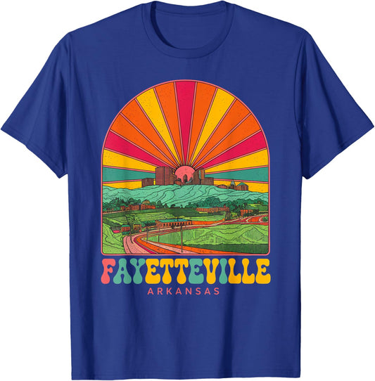 Vintage Fayetteville Arkansas Sunset Skyline Cityscape Retro T-Shirt - T-Shirt | Royal