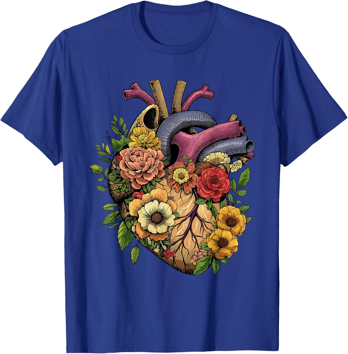 Anatomical Heart Shirt Floral Organ Cardiology Cardiac Nurse T-Shirt - T-Shirt | Royal
