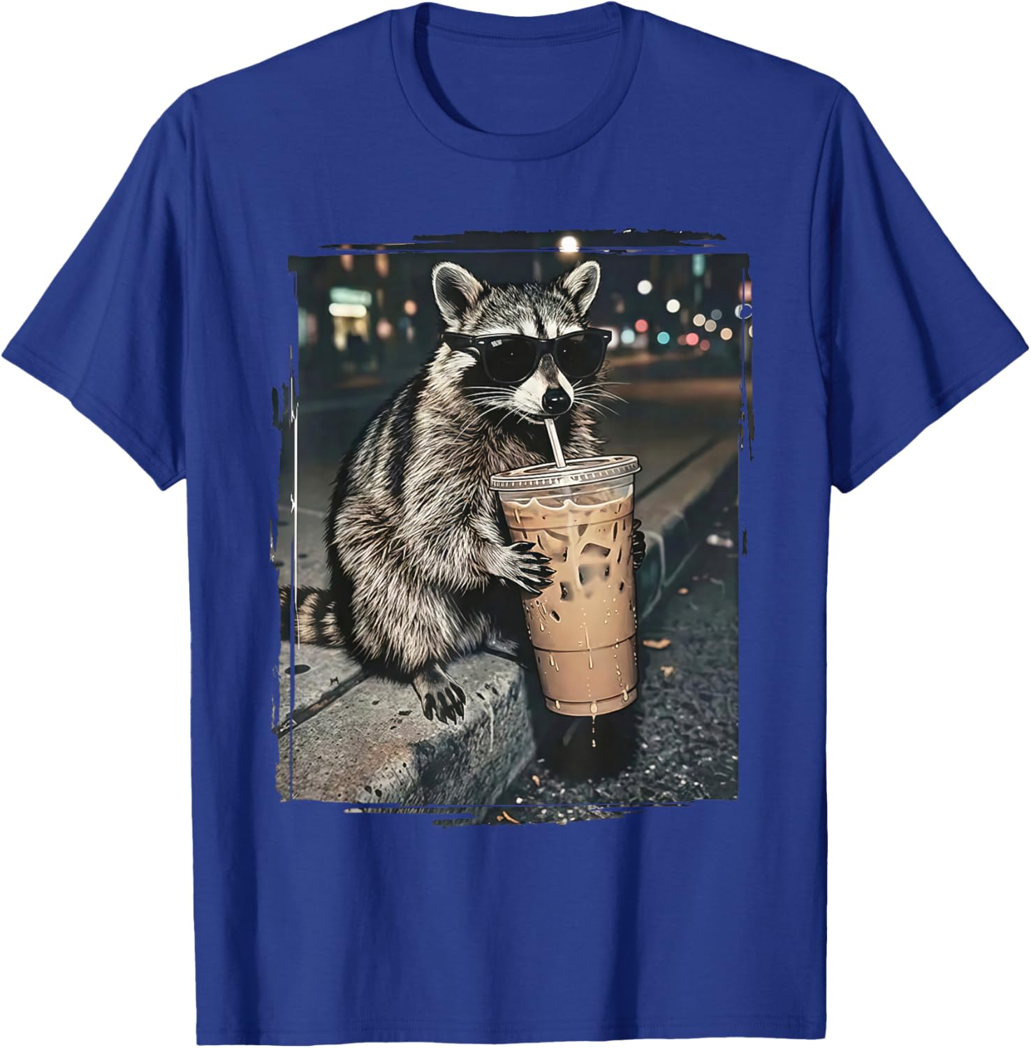 Raccoon Drinking Iced Coffee Funny Animal Meme Men Women T-Shirt - T-Shirt | Royal