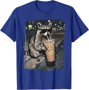 Raccoon Drinking Iced Coffee Funny Animal Meme Men Women T-Shirt - T-Shirt | Royal