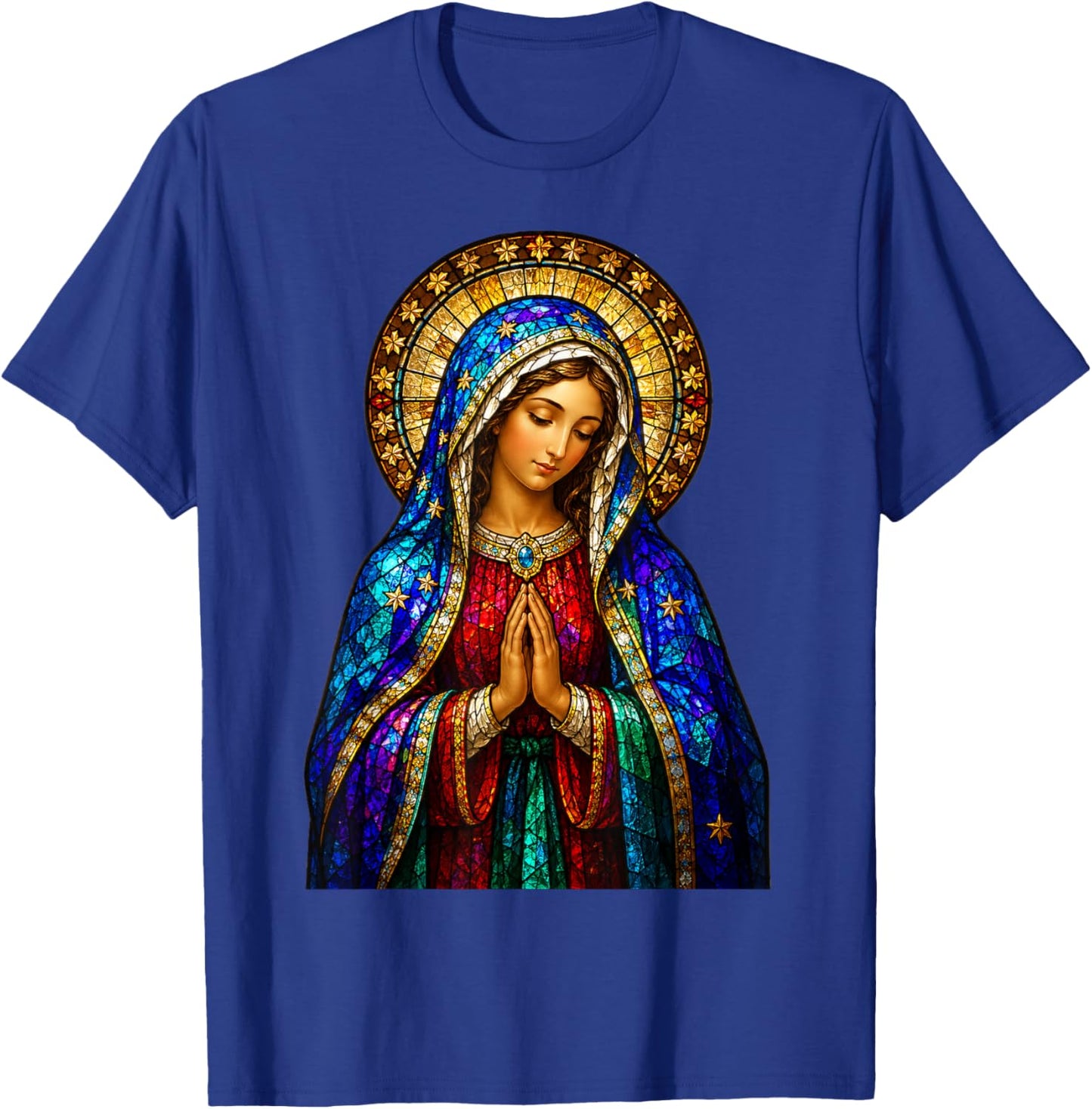 Praying Virgin Mary Stained Glass Catholic Devotion Icon T-Shirt - T-Shirt | Royal