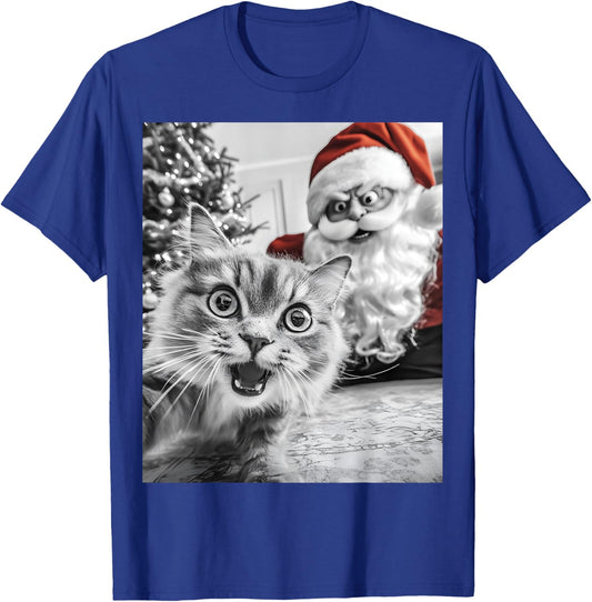 Funny Cat Selfie With Santa Christmas Men Women T-Shirt - T-Shirt | Royal