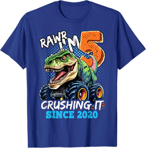 5th Birthday Monster Truck Dinosaur Party Boys Rawr I'm 5 T-Shirt - T-Shirt | Royal